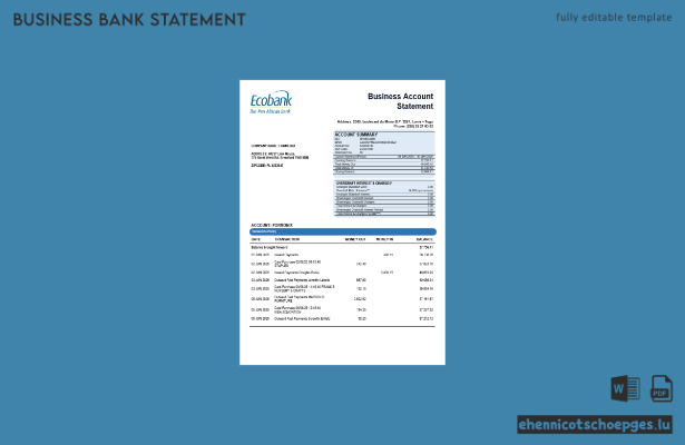 Kontoauszug der Central African Ecobank für Geschäftskunden (Word- und PDF-Format, Beispielvorschau)
